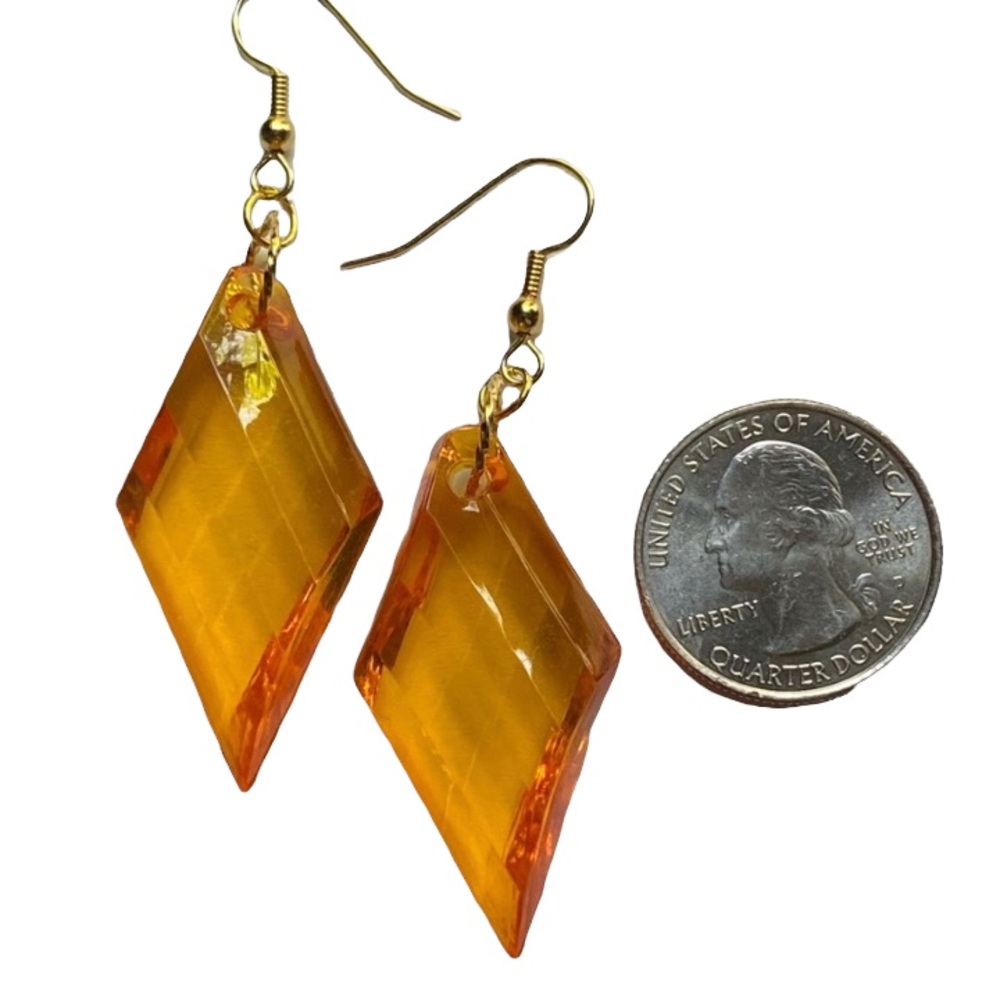 HAND CRAFTED Earrings Orange Gold Dangle Long Pierced Diamond Acrylic Retro - Picture 5 of 6